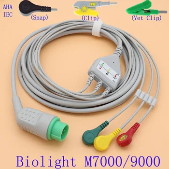 12P ЭКГ ЭКГ с 3 выводами кабель и провод электрода для монитора Biolight M7000-9000, аксессуары для ЭКГ с защелкой/зажимом AHA ИЛИ IEC/Vet clip