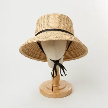 202008-HH6015 летняя праздничная черная длинная лента из рафии ручной работы, детская солнцезащитная кепка, детская шляпа для отдыха