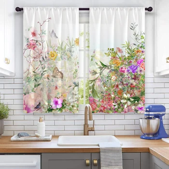 2023 2 шт. Акварельные цветы с 3D цифровой печатью, Занавески для кухонного окна, 2 панели на заказ