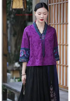 2023 традиционная китайская винтажная блузка, народный чонсам ципао, блузка с цветочной вышивкой, китайские топы ханфу, восточный костюм тан