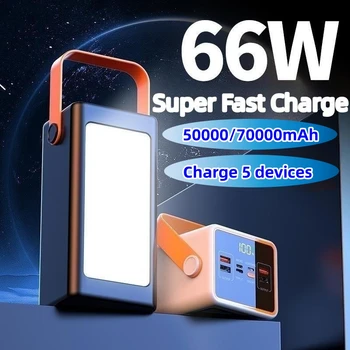 66 Вт Сверхбыстрая зарядка Power Bank 70000 мАч Повербанк с кемпинговым фонарем Powerbank для портативного зарядного устройства iPhone 14 Xiaomi Samsung