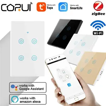 CORUI Tuya WiFi ZigBee Умный Сенсорный переключатель 1/2/3/4 Банды ЕС США Приложение Smart Life Поддержка Alexa Google Home Assistant Голосовое Управление