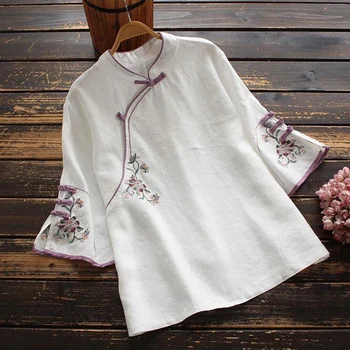 Hanfu Весенняя Винтажная кружевная рубашка в стиле пэчворк из хлопка и льна, Женская Свободная рубашка с пряжкой в китайском стиле, женская повседневная блузка