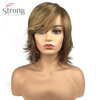 StrongBeauty Женский синтетический монолитный парик из натуральных волос, светлые волосы, средняя прямая многослойная стрижка, парики знаменитостей