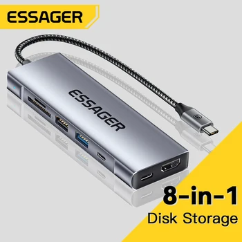 USB-концентратор Essager 8 в 1 с функцией хранения дисков, совместимый с USB Type-c и HDMI, для док-станции для ноутбука Macbook Pro Air M1 M2