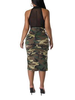 WUOOYOQ/ Женские камуфляжные юбки миди с 3D карманами, тонкие летние юбки-карандаш с разрезом, модные модные юбки для вечеринок (камуфляж