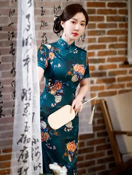 Yourqipao Летнее Длинное Тонкое Шелковое платье Ципао для подиума и банкета в стиле ретро, Элегантное Вечернее платье в традиционном китайском стиле в стиле Ципао для женщин