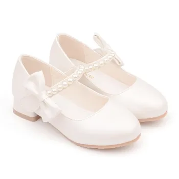 Весенняя детская кожаная обувь 2022 года, Туфли Принцессы на высоком каблуке для девочек с белым бантом, Модные простые туфли с жемчугом Для подиума, Размер 26-38
