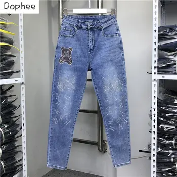 Высококачественные Женские Джинсовые брюки Bear Hot Drilling, Новинка 2023, Весенне-летние Эластичные хлопковые джинсовые брюки длиной до щиколоток, Узкие джинсы
