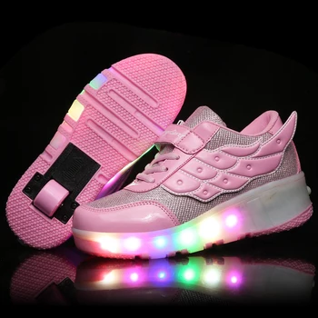 Детские светящиеся кроссовки, Кроссовки с колесиками, роликовые коньки со светодиодной подсветкой, Спортивная обувь со светящейся подсветкой для детей, мальчиков, Розовый, черный
