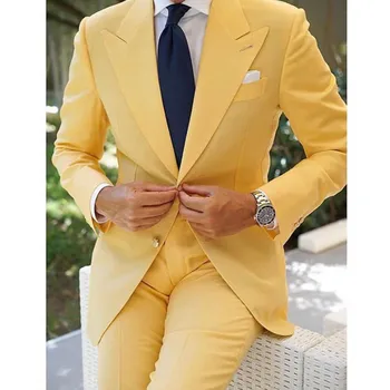 Желтые Мужские костюмы для выпускного Вечера, приталенные Свадебные Смокинги для жениха с остроконечными лацканами, новейший дизайн, модная куртка из 2 предметов со штанами