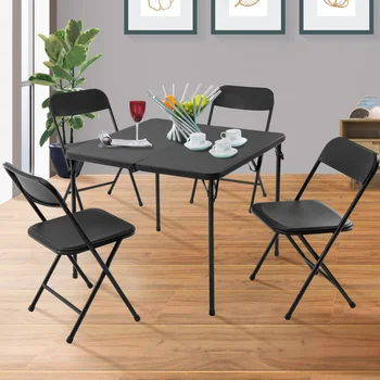 Карточный столик из смолы и набор из четырех стульев из 5 предметов, черные уличные столики