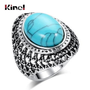Кинель, Большие Кольца с Голубым камнем, Тибетское серебро, полый узор, Винтажное обручальное кольцо, ювелирные изделия, Прямая доставка