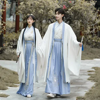 Китайский стиль, весна-лето, женская одежда Hanfu, мужская, антикварная, синяя, фиолетовая, антикварная пара, вышитый комплект с большим рукавом