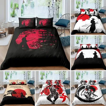 Комплект постельного белья японского самурая, Пейзаж японского заката, Силуэт здания, пододеяльник для мужчин и подростков, черный, красный