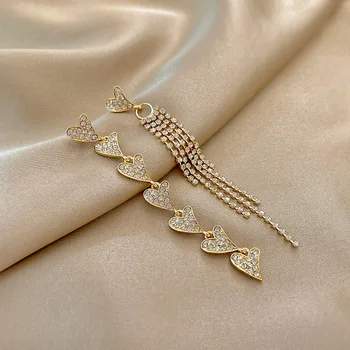 Корейские асимметричные серьги с кисточками в виде сердца для женщин, Элегантные Длинные висячие серьги с кристаллами, модные украшения для вечеринок для девочек