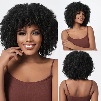 Короткий Черный афро-синтетический парик HAIRCUBE для женщин, Упругий, пушистый, кудрявый афро-кудрявый Парик с челкой, Повседневный Натуральный термостойкий парик