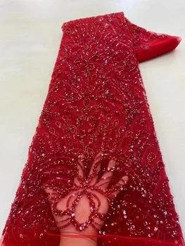 Красная Свадебная кружевная ткань Новая Высококачественная вышивка Французское тюлевое Кружево Нигерийская кружевная ткань С блестками и бисером для вечернего платья