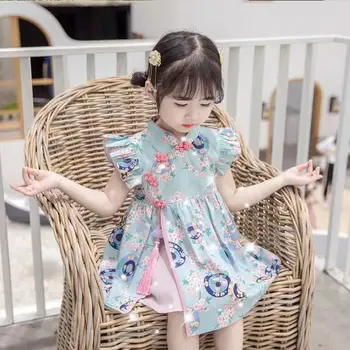 Летнее платье-Чонсам для маленьких девочек 2022 года, Новое детское платье в китайском стиле с развевающимися рукавами в стиле Ретро с подвеской Hanfu от 12 м до 6 лет