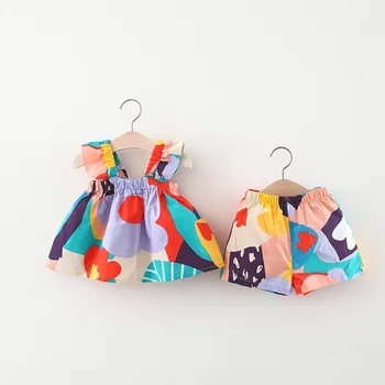 Летние новые комплекты одежды для маленьких девочек, топ на подтяжках, цветочная жилетка в тон + Детские повседневные брюки, костюм для маленьких детей