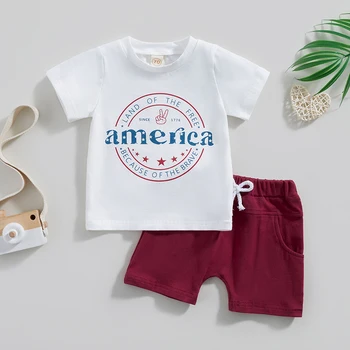 Летняя одежда для малышей на День Независимости, 2 предмета, Белые Топы с коротким рукавом и буквенным принтом + Шорты, Детская одежда