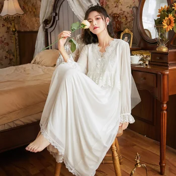 Модальная ночная рубашка с длинным рукавом, женская весенняя ночная рубашка в придворном стиле, сетчатая домашняя одежда принцессы с вышитыми кружевами, которую можно носить снаружи