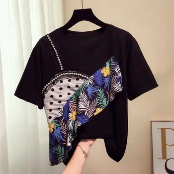 Модная женская футболка с короткими рукавами, летняя новинка 2023, Модный топ из искусственных двух частей с оборками и отстрочкой