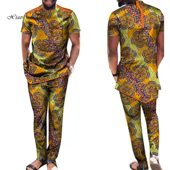 Модный Мужской комплект Африканской одежды, 2 предмета, рубашки и брюки в стиле дашики, Мужские костюмы Bazin Riche, Африканские брюки и топы, комплекты WYN1370