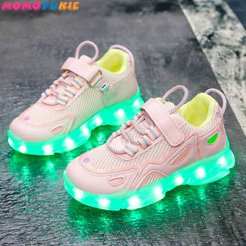 Новая Модная дышащая детская обувь с сеткой для мальчиков и девочек, кроссовки со светодиодной подсветкой для девочек, детская спортивная обувь, весна-лето, светящиеся