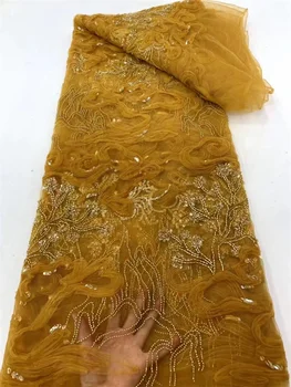 Новейшая французская кружевная ткань с 3D цветочными пайетками 2023, Высококачественная кружевная ткань с нигерийскими пайетками и бусинами, со свадебным шитьем, 5 ярдов