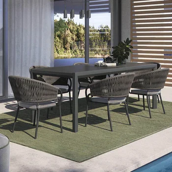 Обеденный стол и стул на открытом воздухе, сочетание для отдыха, современный минималистичный внутренний двор, открытый балкон, вилла, стул из ротанга, стол