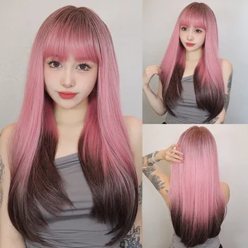 Омбре, черный, розовый, Прямой синтетический парик с челкой, Длинные парики из натуральных волос для женщин, красочные термостойкие волосы для косплея
