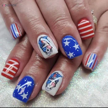 Печать на ногтях ко Дню Независимости с рисунком в виде звезд и полос Короткие Квадратные накладные ногти с полным покрытием, пригодные для носки накладные ногти для женщин