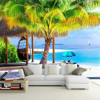 Пользовательские Настенные обои 3D Приморский пейзаж Пейзаж Кокосовой пальмы Современная гостиная ТВ Фон Отеля Декор стен 3D Обои