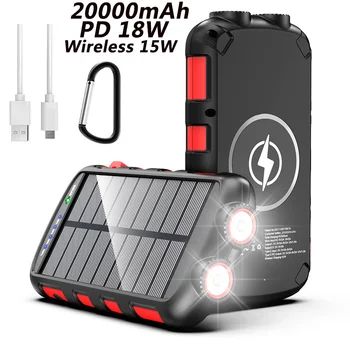 Портативный банк солнечной энергии PD 18W Quick 20000mAh, беспроводное быстрое зарядное устройство, Внешний аккумулятор Powerbank для смартфонов, светодиодная лампа, водонепроницаемый