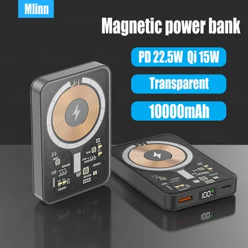 Прозрачный Магнитный Банк Питания 10000 мАч MacSafe Портативный Внешний Источник Питания Беспроводное Вспомогательное Зарядное Устройство для iPhone 12 13 14