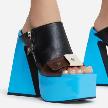 Разноцветные тапочки с боковой молнией, квадратный носок, толстая подошва, Роскошные дизайнерские туфли-лодочки на высоком каблуке 2023, Новый стиль, Модная женская обувь