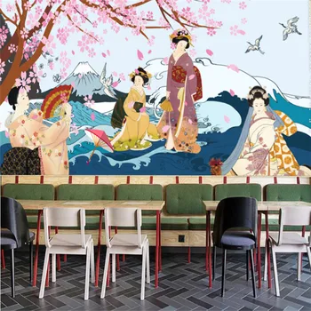 Ручная Роспись Кимоно Леди Сакура Обои Промышленный Декор Японская Кухня Суши Ресторан Фон Обои Фреска