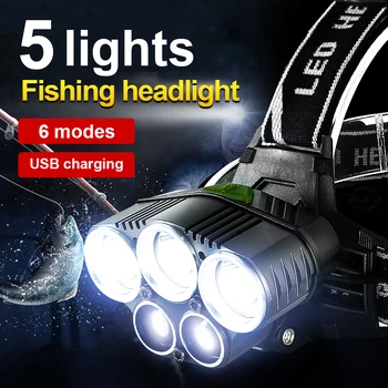 Самый мощный светодиодный налобный фонарь T6 + Q5 с зарядкой через USB, головной фонарик для рыбалки, Синий головной фонарь, Велосипедный прожектор, походный фонарь