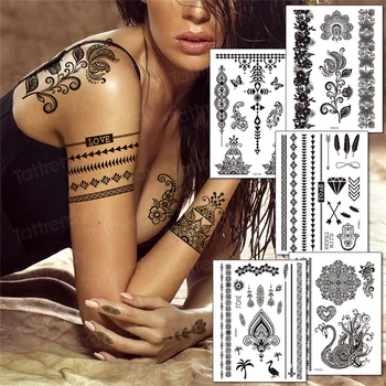 сексуальная татуировка для женщин, тату-браслет, ювелирные изделия, черная хна, наклейки для рук, мандала менди, временная татуировка, наклейка, леггинсы, рука