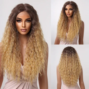 Синтетический длинный кудрявый парик с кружевом спереди, Омбре Шоколадно-коричневого цвета, светлый Парик для чернокожих женщин, средняя часть Термостойких волос для косплея