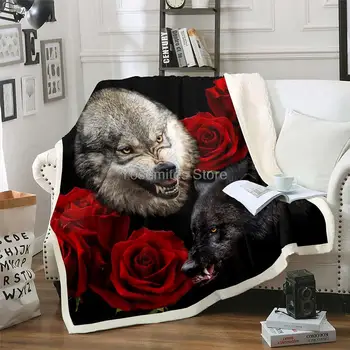 Фланелевое одеяло с изображением сказочного волка в замке, цветы красной розы, пушистое одеяло с цветочным принтом для детей, Рождественский подарок, тема дикой природы.