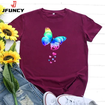 Футболка JFUNCY с принтом бабочки, Женская футболка, Летняя женская одежда, Модная Женская хлопковая футболка с коротким рукавом