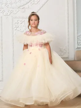 Элегантные Свадебные платья с открытыми плечами для девочек в цветочек, бальное платье с 3D Цветочной аппликацией, пышное детское праздничное платье для Первого Причастия