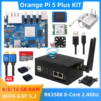 Оранжевый Pi 5 Plus RK3588 8-Ядерный 4 8 16 ГБ оперативной памяти 8K Видео Металлический корпус КОМПЛЕКТ Дополнительный модуль WiFi6 BT 5.2 64 256 ГБ EMMC для OPI 5 Plus