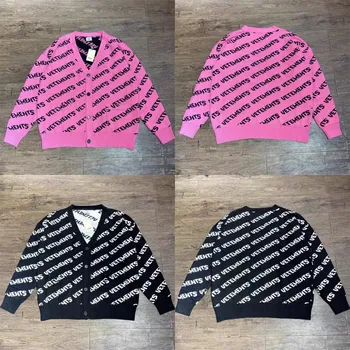 Кардиган Vetements Vetements 2023FW, Жаккардовый свитер с логотипом, Мужские И Женские Свитшоты 1: 1 Лучшего качества, черные, Розовые Свитшоты VTM