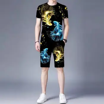 Летний новый мужской повседневный костюм с 3D рисунком рыбы, футболка с короткими рукавами и круглым вырезом + шорты, индивидуальность из 2 предметов, уличная пляжная мужская одежда